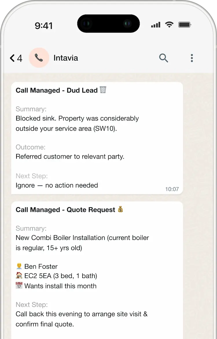 Call summaries demonstration showing automated call handling for tradespeople