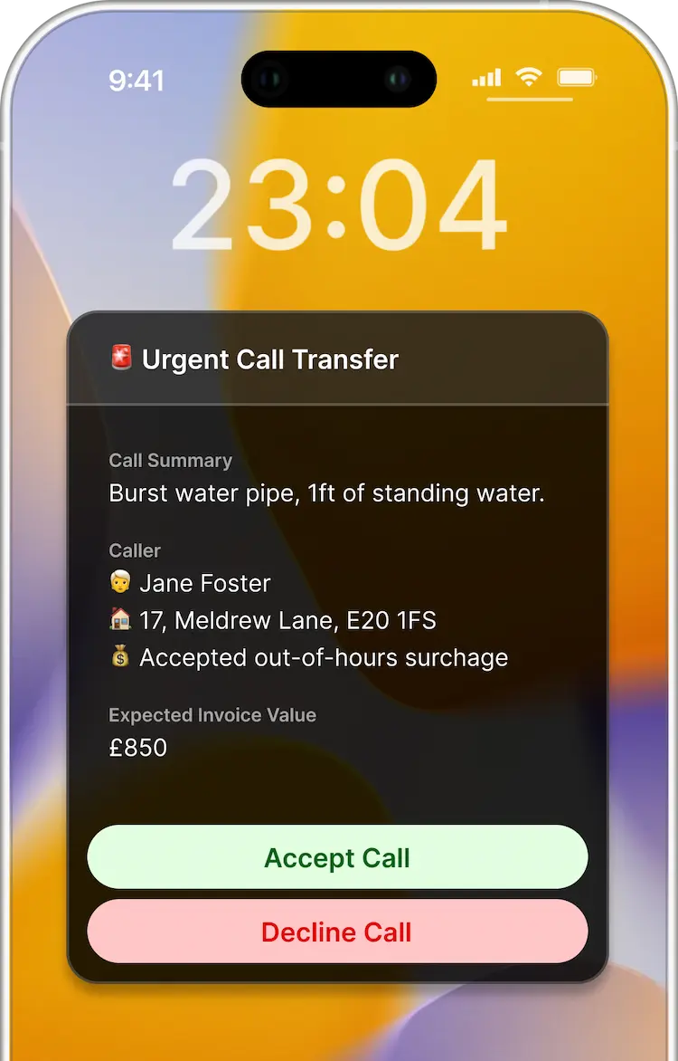 Priority calls demonstration showing urgent call transfer interface for tradespeople